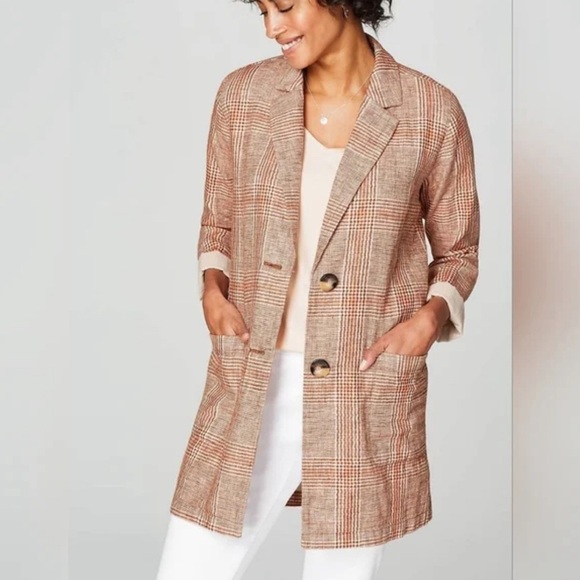 J.Jill Blazer Jacket Linen Blend Henna Plaid Lined Harper Sz M - Picture 13 of 13